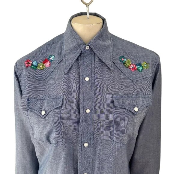 VTG 70s Floral Embroidered Pearl Snap Western Shirt  READ DESCRIPTION SZ L SLIM - Picture 2 of 9